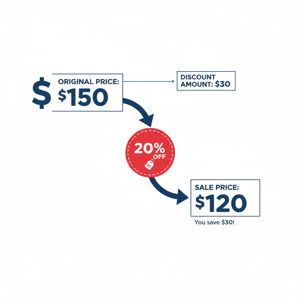 Visual comparison showing original price, discount percentage, and sale price with arrows